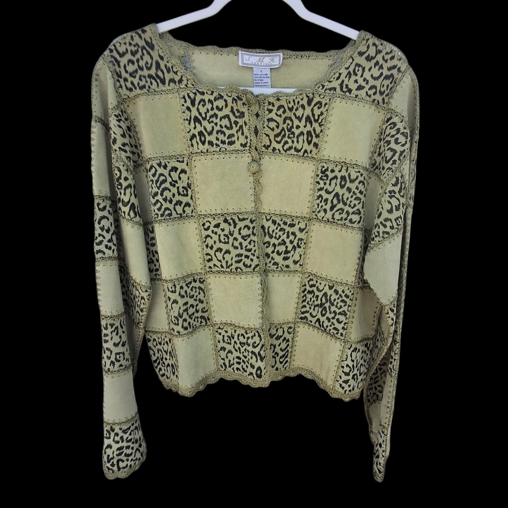 Leather Patchwork Blazer Solid Green & Animal Print Patches Crochet Trim Large